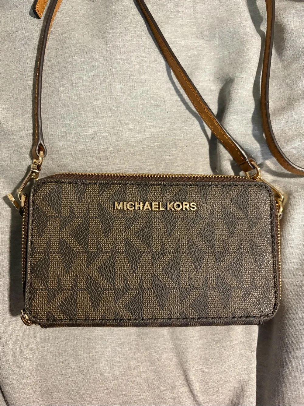 Michael Kors Brown MK Logo Crossbody Wallet with Gold Hardware